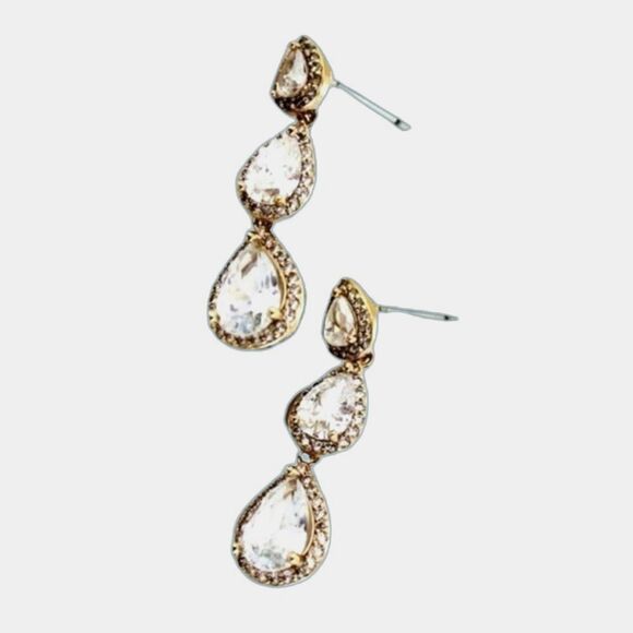Cubic Zirconia Crystal Teardrop CZ Gold Earrings - Picture 3 of 4